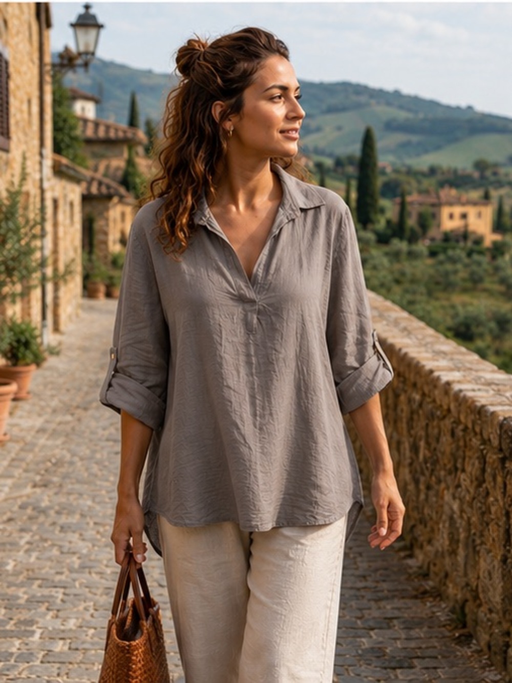 IT004 🇮🇹 Made in Italy 100% cotton Relaxed V-Neck Blouse Top – Multiple Colors